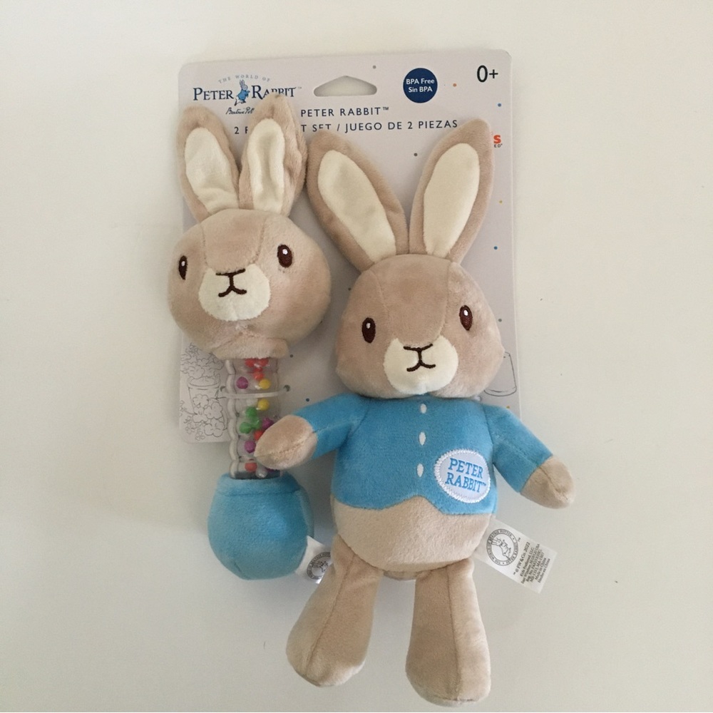 NEW Peter Rabbit Soft Plush Bunny 10in & Bunny Rainstick Rattle Toy Baby Gift